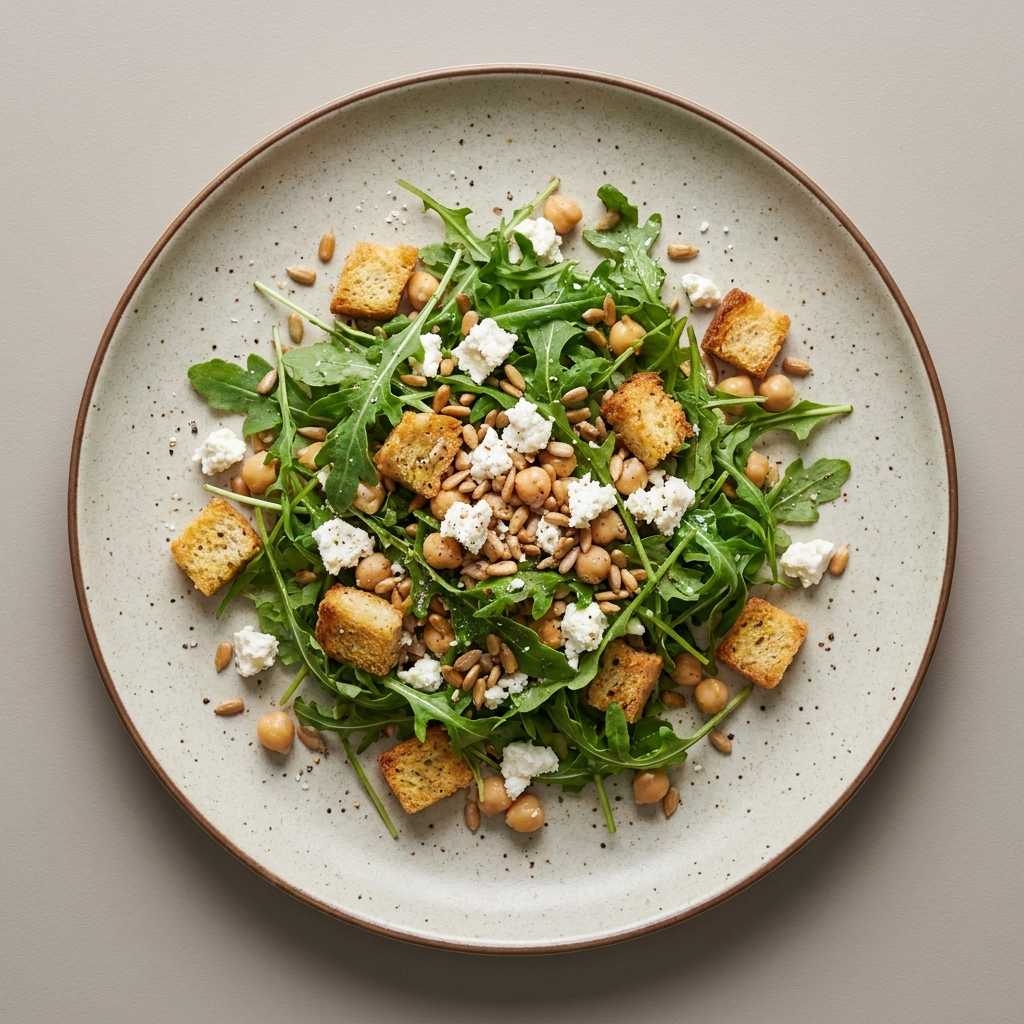 Ensalada de queso feta con arúgula, garbanzos, semillas de girasol y croutones
