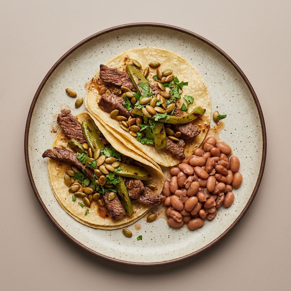 Tacos de bistec con nopales y frijoles