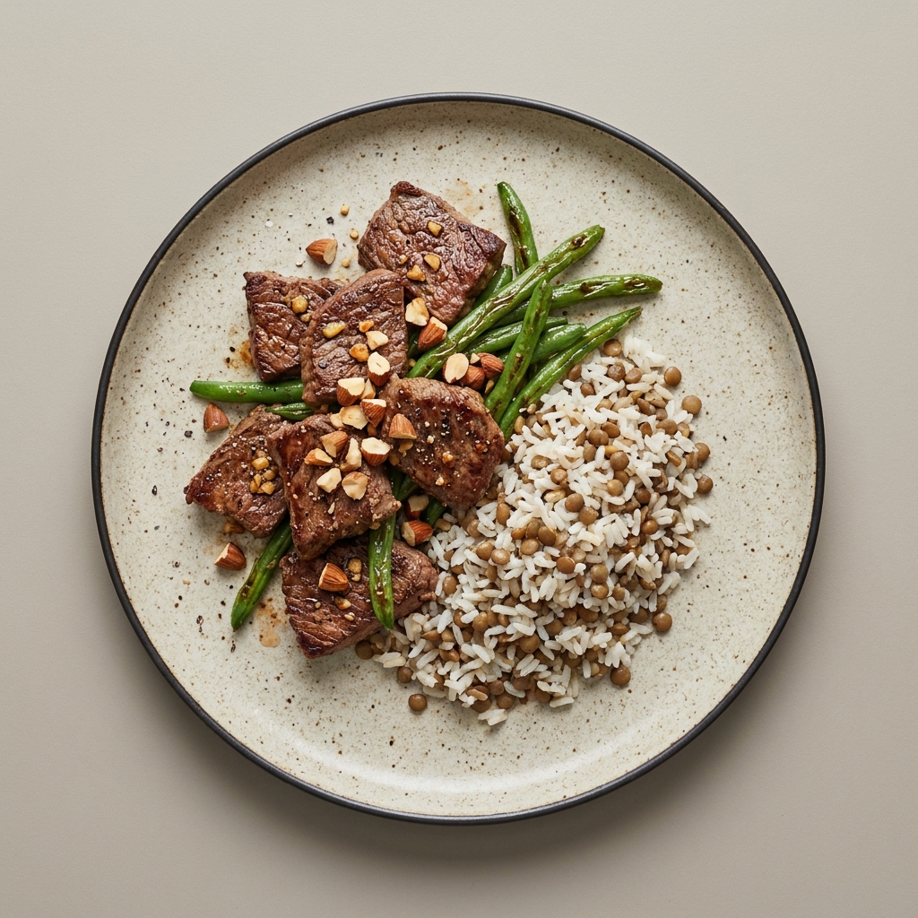 Bistec a la plancha con ejotes, y almendras, acompañado de arroz con lentejas