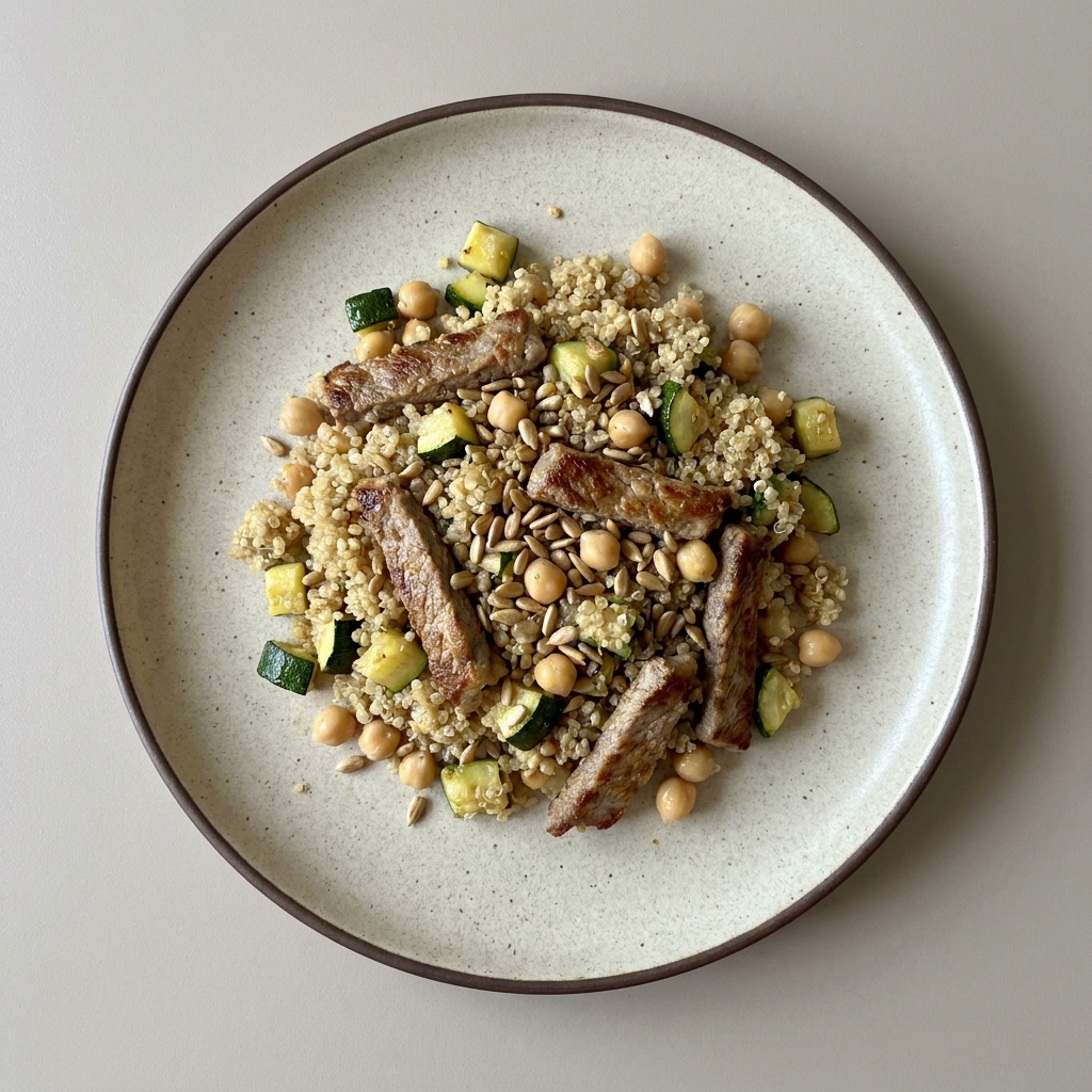 Bowl de quinoa con bistec, calabacita, garbanzos y semillas de girasol