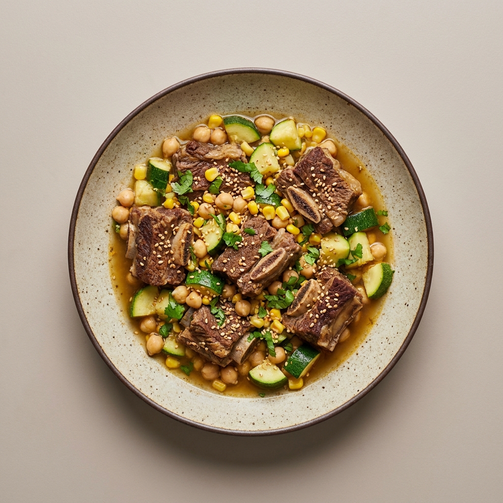 Costilla de res con calabacita, garbanzos, elote, y ajonjolí