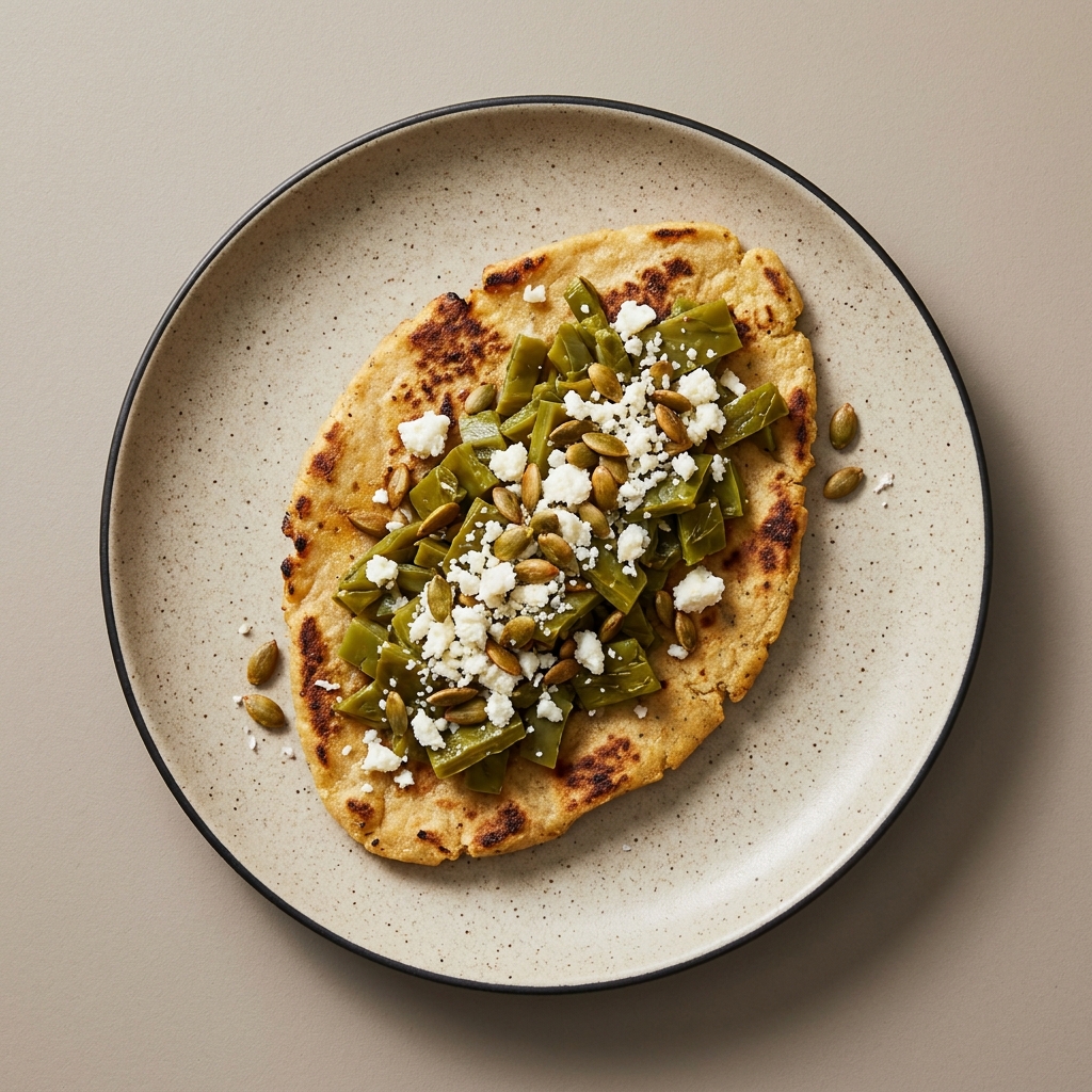Tlacoyos de frijol con nopales, queso cotija y pepitas