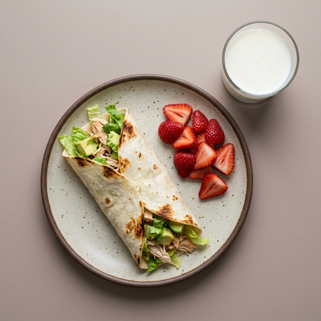 Wrap de pollo con lechuga y aguacate, con fresas y vaso de leche