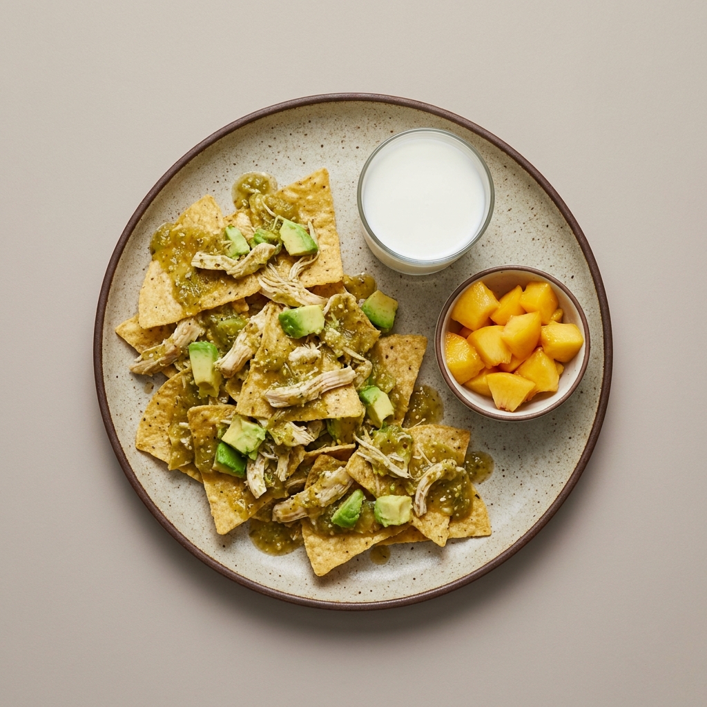 Chilaquiles verdes de pollo con aguacate,durazno y vaso de leche