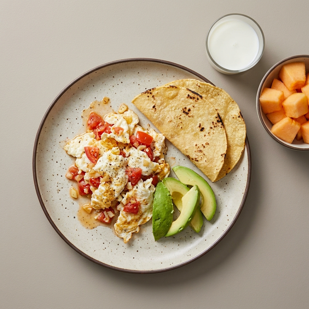 Claras revueltas con jitomate y aguacate acompañadas de melón y vaso de leche