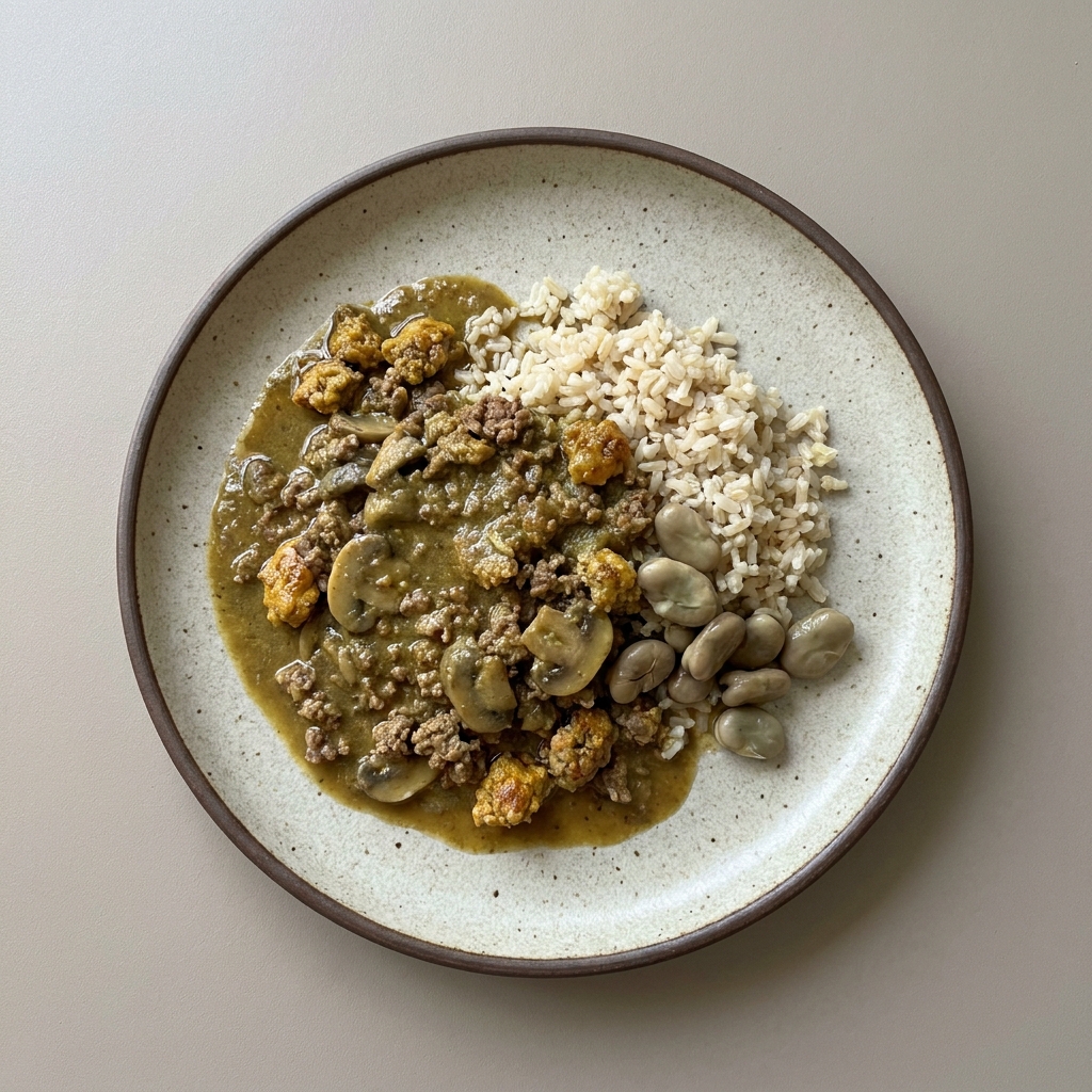 Res molida en pipián con champiñones, habas y arroz integral
