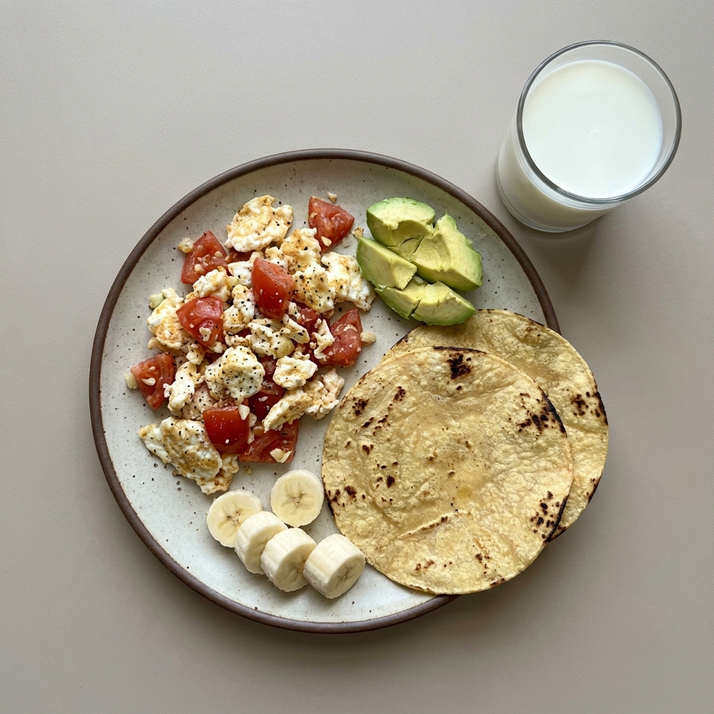 Claras revueltas con jitomate y aguacate, con tortilla, plátano y vaso de leche