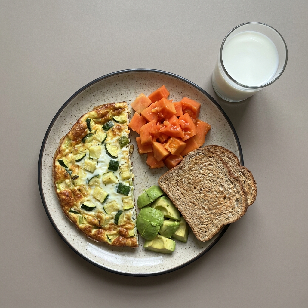 Omelette de claras con calabacita y aguacate, papaya y vaso de leche