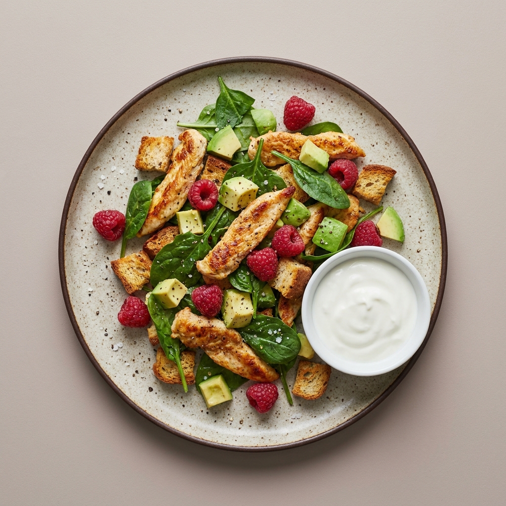 Ensalada de pollo con frambuesas y yogurt natural