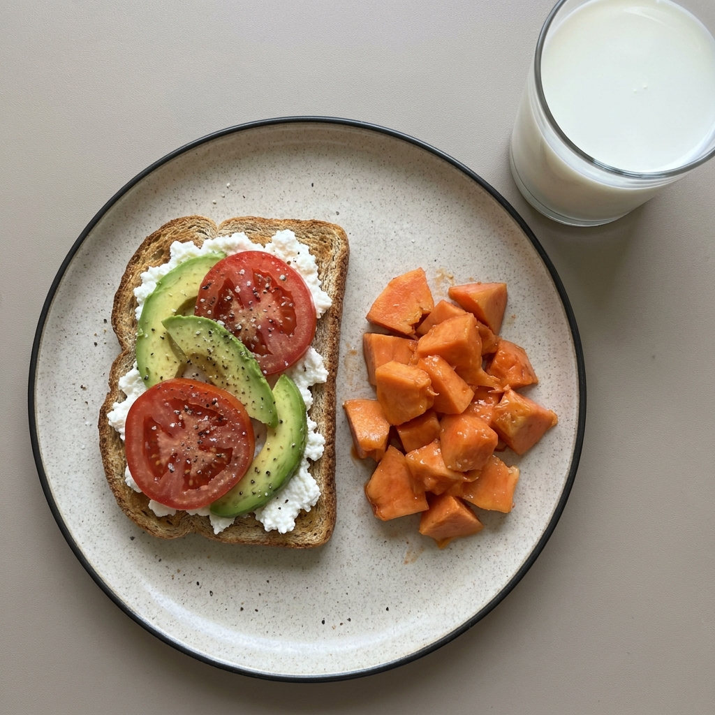 Pan integral con requesón, acompañado de mamey y vaso de leche