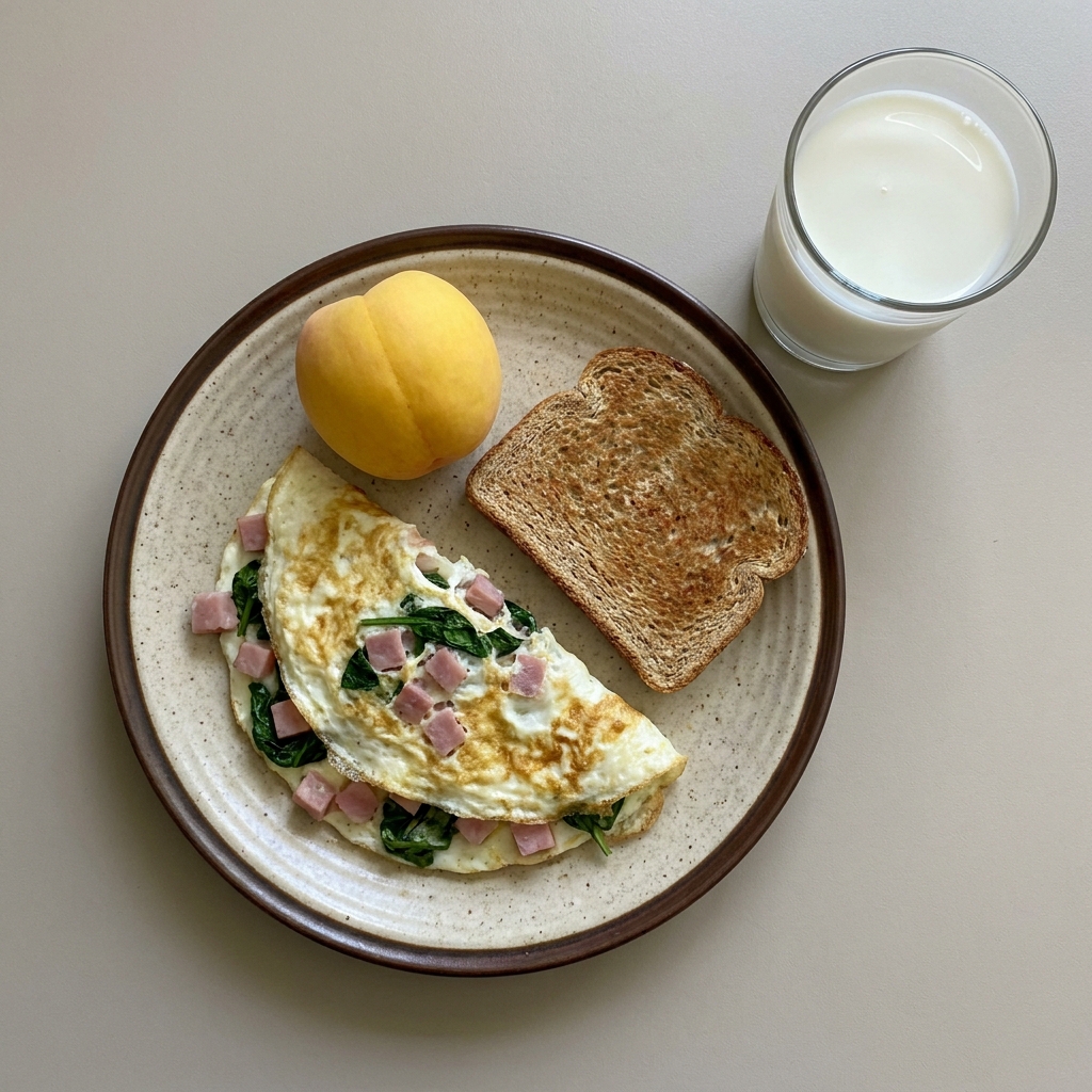 Omelette de claras con jamón y espinaca, con pan integral, durazno amarillo y vaso de leche