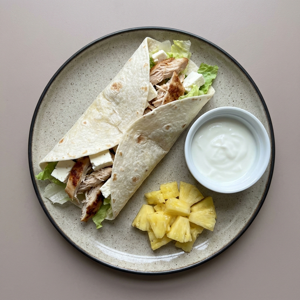 Wrap de pechuga de pollo deshebrada y queso panela con lechuga, con piña picada y yogurt natural