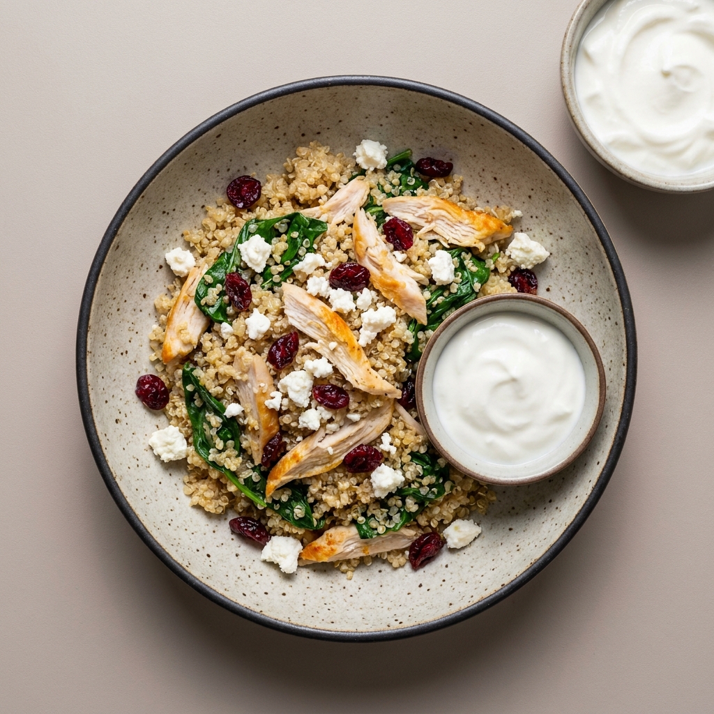 Bowl de quinoa con pechuga de pollo, queso fresco con espinaca, arándano y yogurt natural