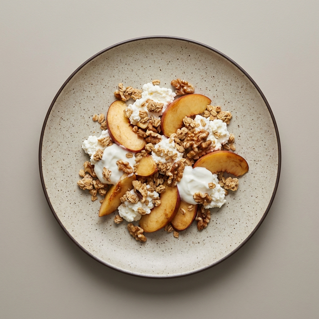 Parfait de queso ricotta bajo en grasa con granola, nuez y nectarina, con yogurt griego