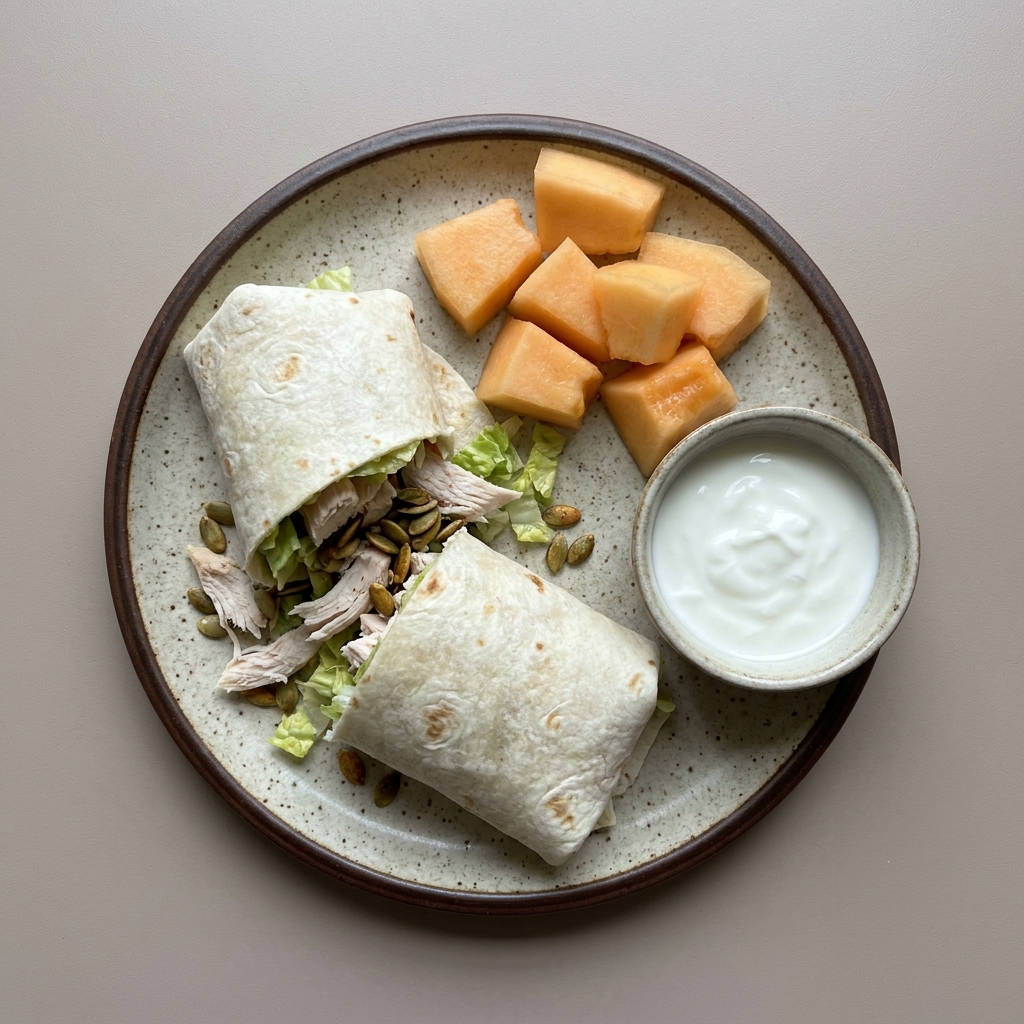 Wrap de pechuga de pollo deshebrada con lechuga y pepita de calabaza, con melón y yogurt griego