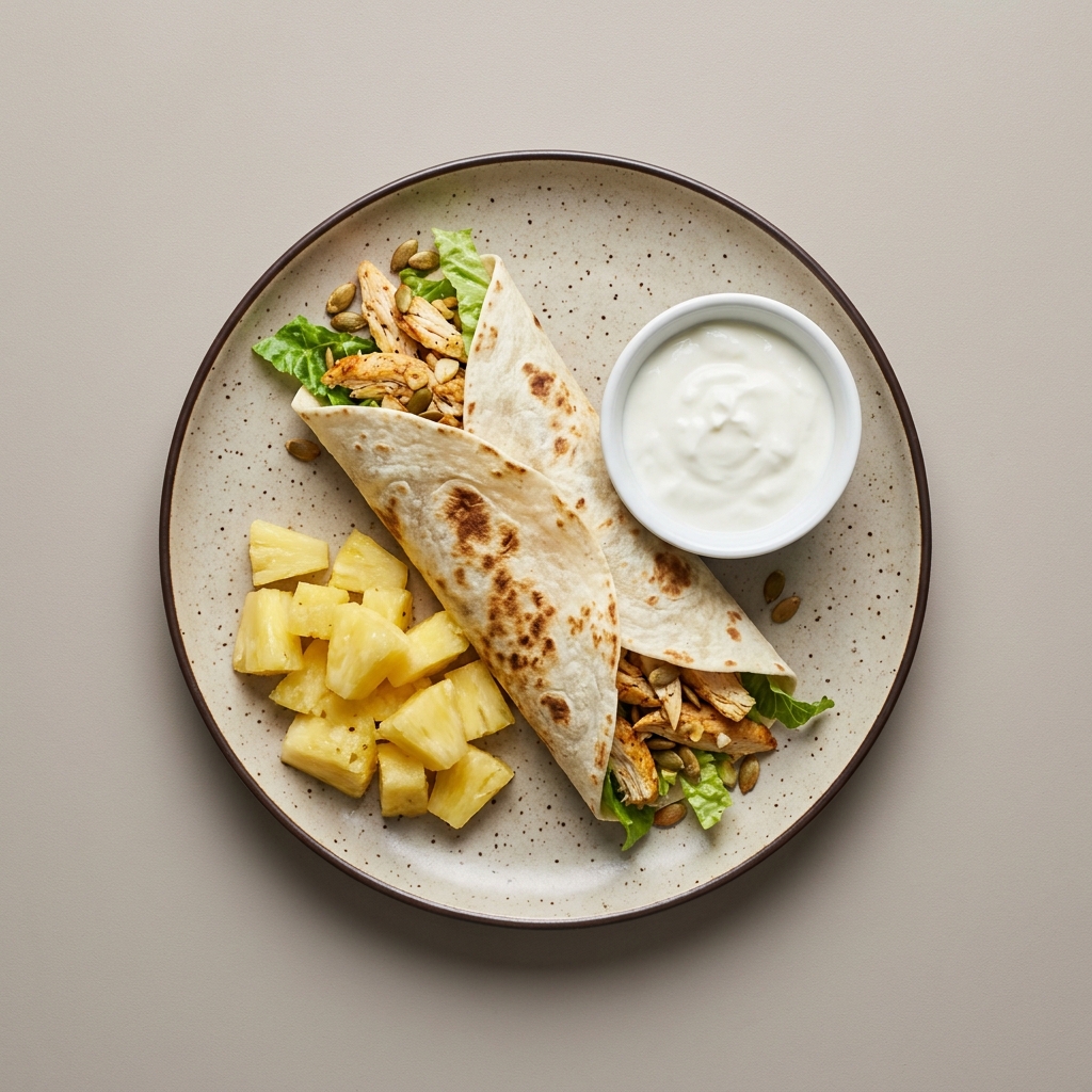 Wrap de pechuga de pollo deshebrada con lechuga y pepita de calabaza, con piña picada y yogurt natural
