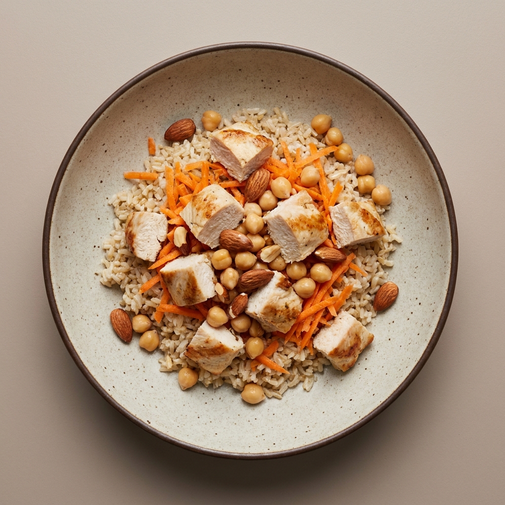 Bowl de arroz integral con pechuga de pollo, zanahoria, garbanzo y almendra