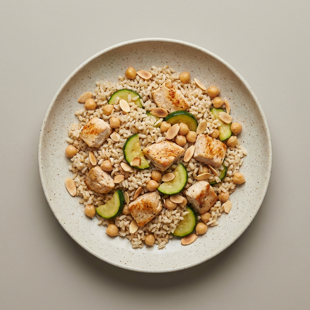 Bowl de arroz integral con pechuga de pollo, calabacita, garbanzo y almendra