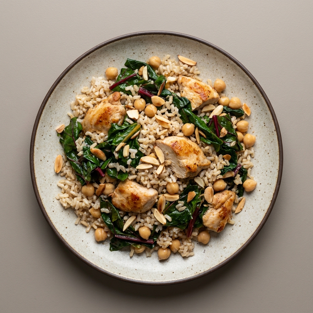 Bowl de arroz integral con pechuga de pollo, acelga, garbanzo y almendra