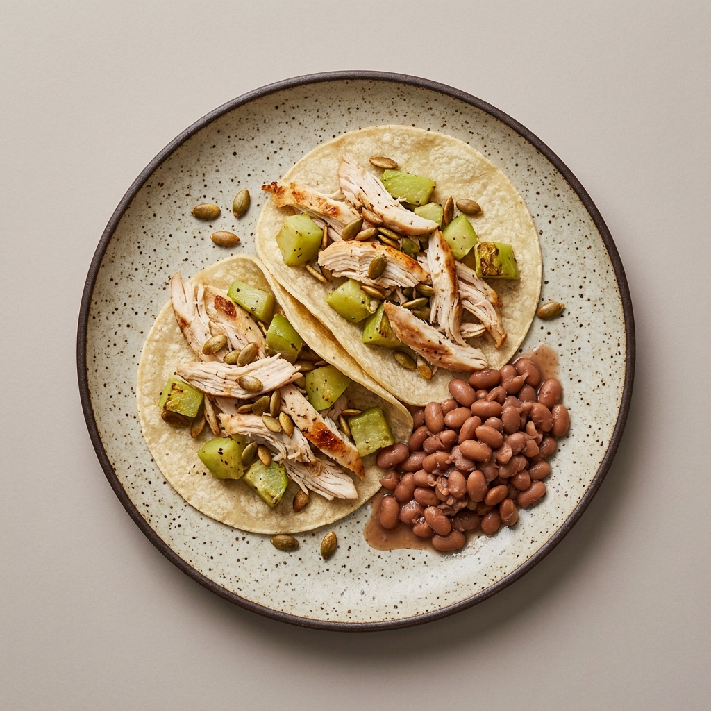 Tacos de pechuga de pollo, con frijol cocido