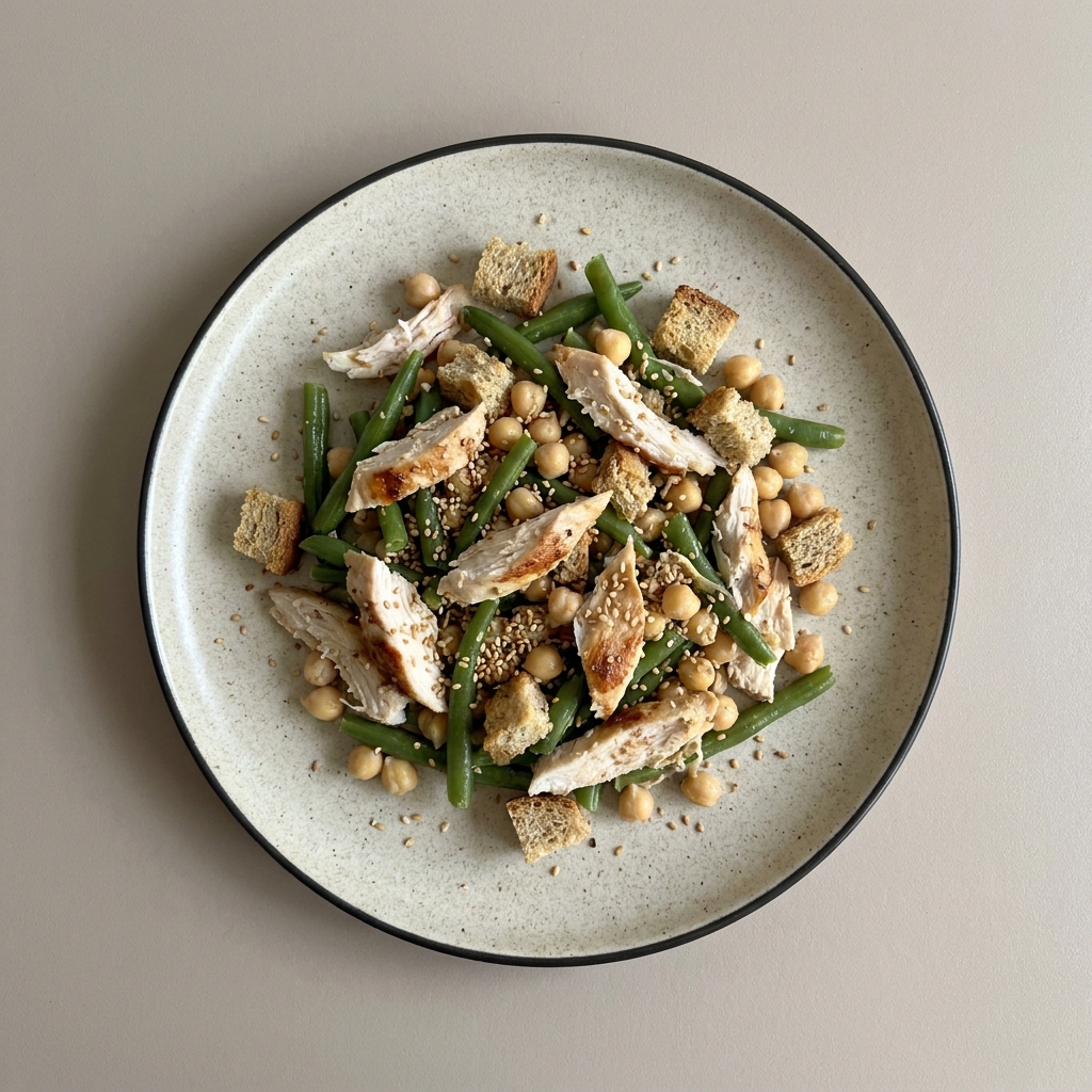 Ensalada de pechuga de pollo con ejote, garbanzo, semilla de ajonjolí y croutones