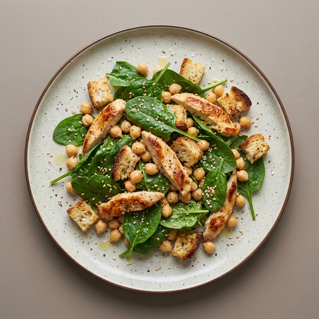 Ensalada de pechuga de pollo con espinaca, garbanzo, semilla de ajonjolí y croutones