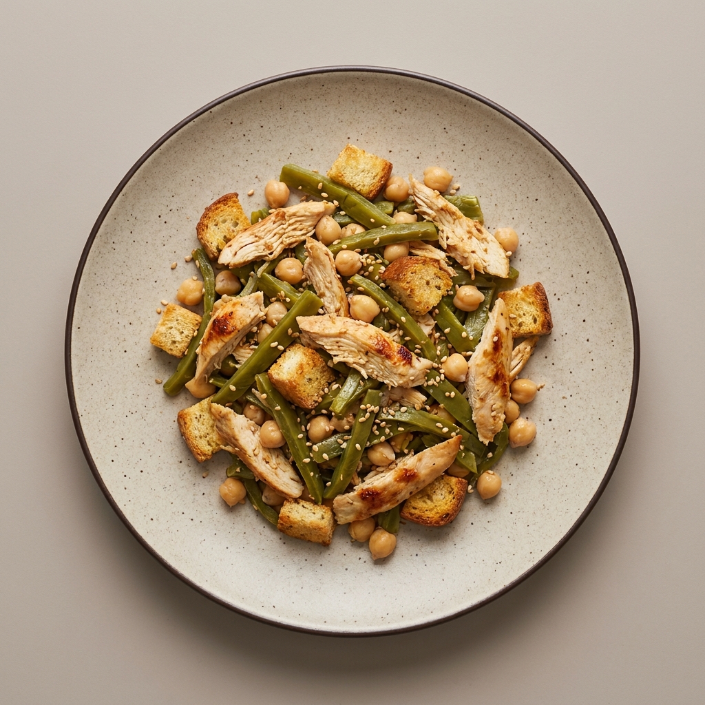 Ensalada de pechuga de pollo con nopal, garbanzo, semilla de ajonjolí y croutones