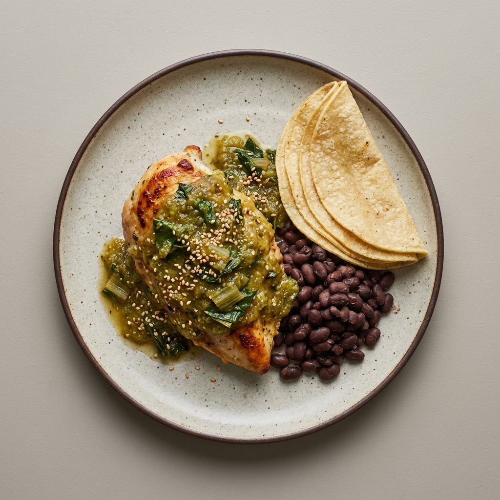 pechuga de pollo en salsa verde con acelga, frijol y semilla de ajonjolí, con tortilla de maíz