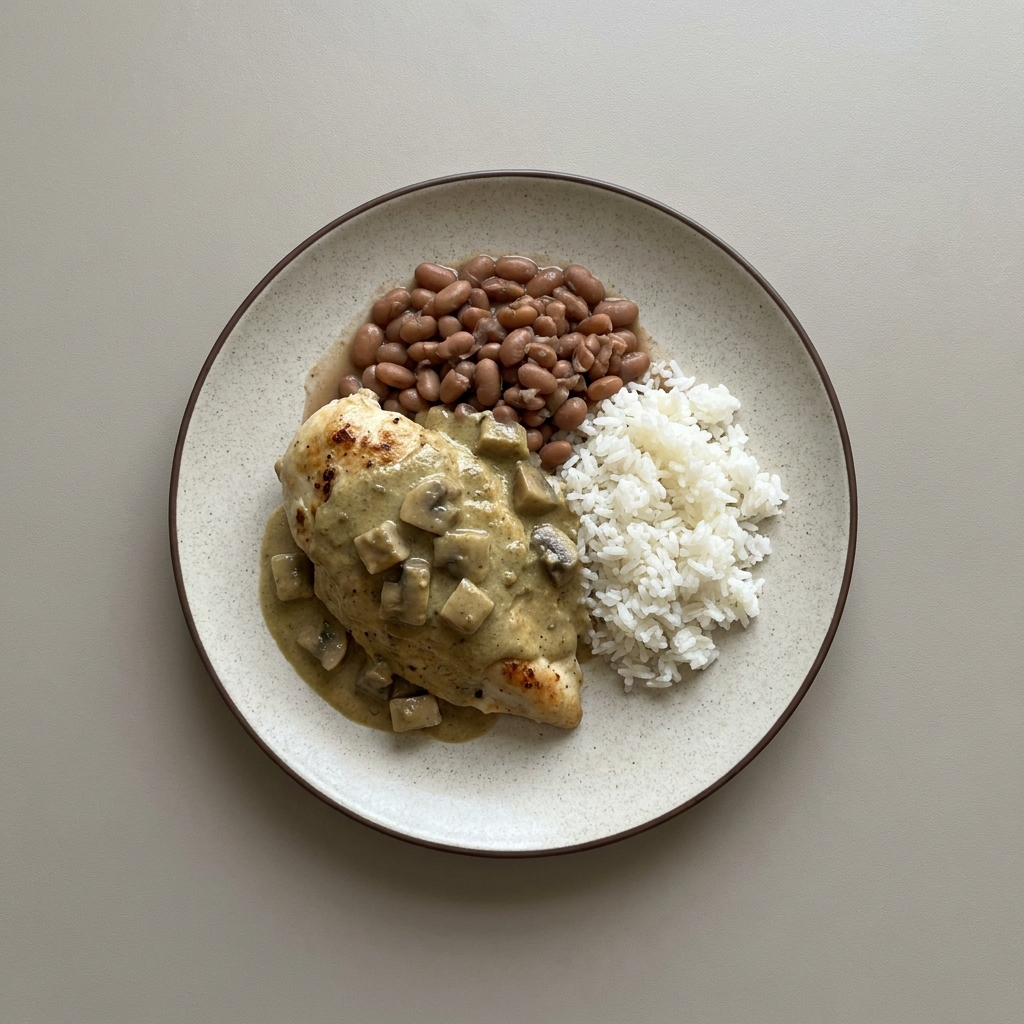pechuga de pollo en pipián de pepita de calabaza con champiñon, con frijol y arroz