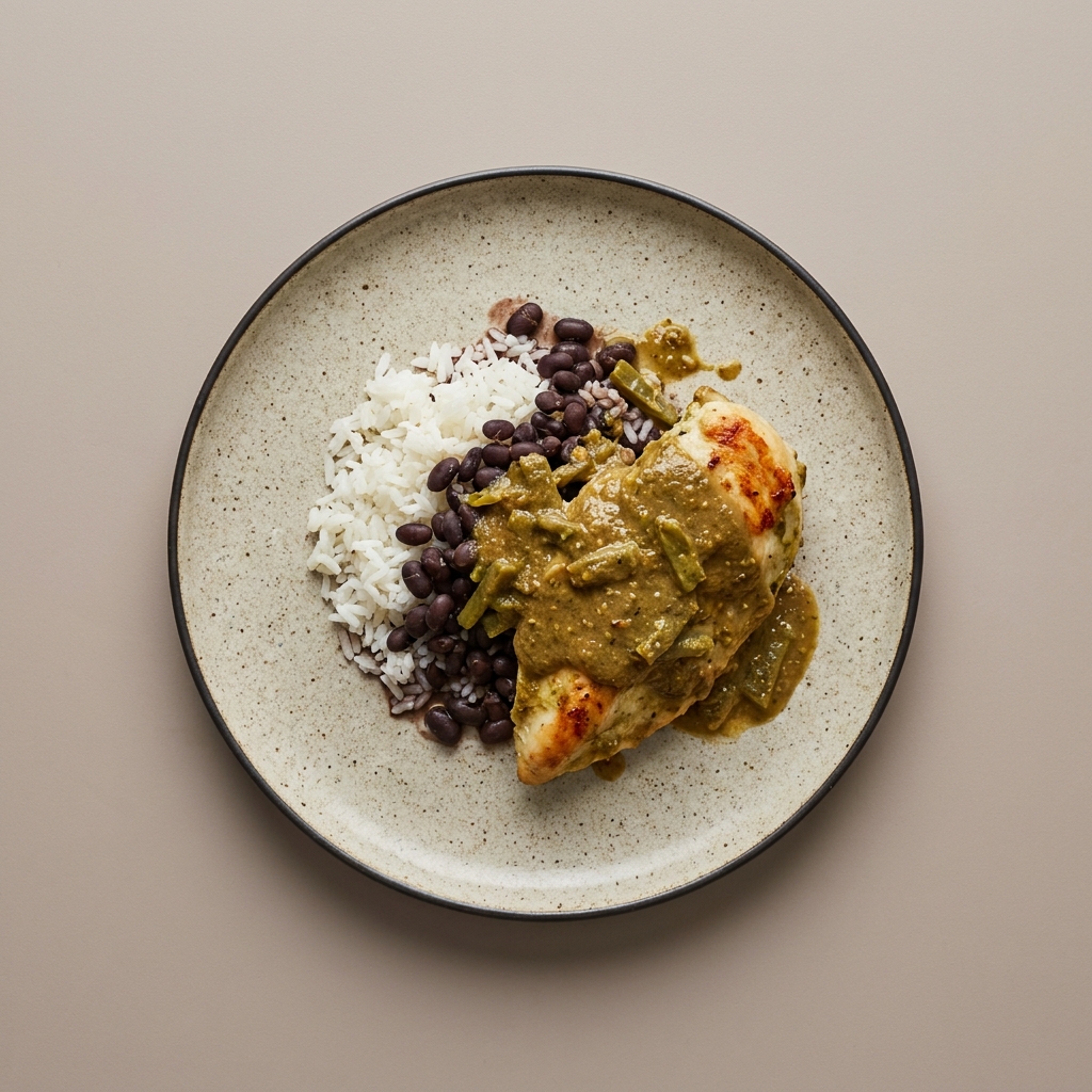 pechuga de pollo en pipián de pepita de calabaza con nopal, con frijol y arroz