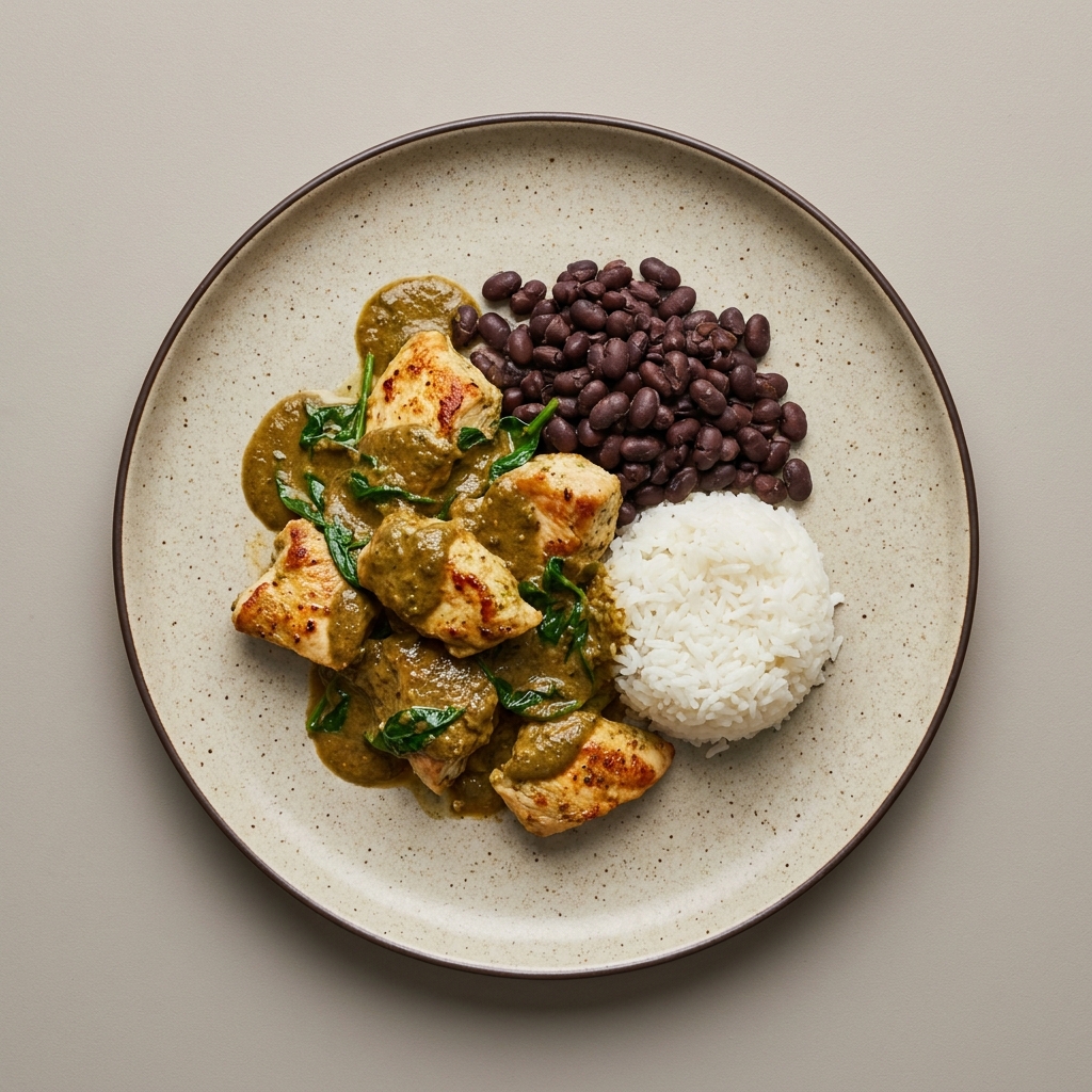 pechuga de pollo en pipián de pepita de calabaza con espinaca, con frijol y arroz