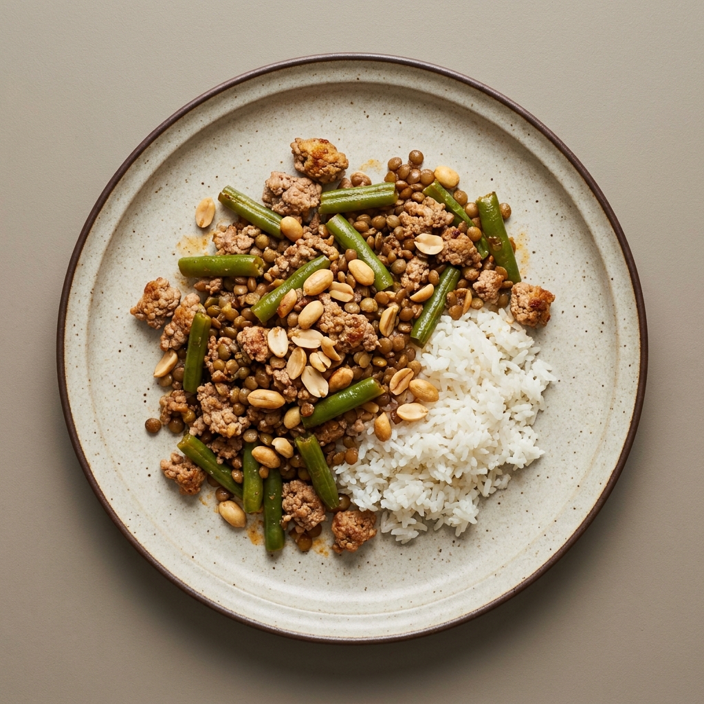 Picadillo de carne molida de pavo con ejote, lenteja y cacahuate, con arroz