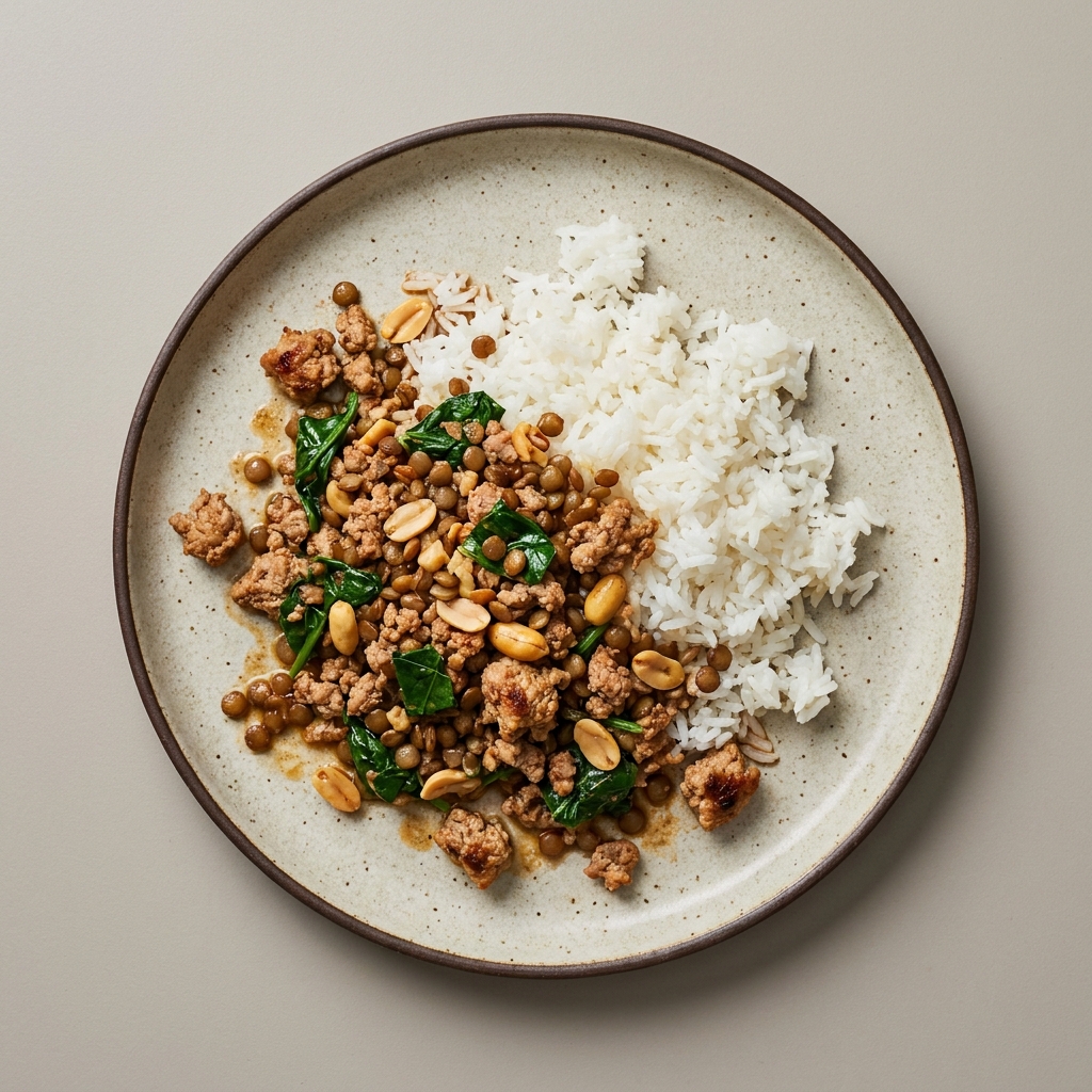 Picadillo de carne molida de pavo con espinaca, lenteja y cacahuate, con arroz