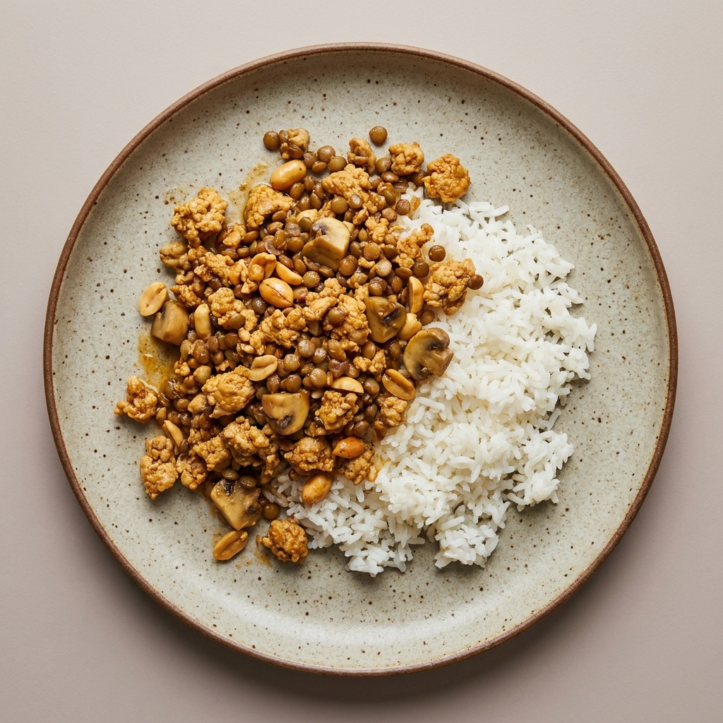 Picadillo de carne molida de pavo con champiñon, lenteja y cacahuate, con arroz