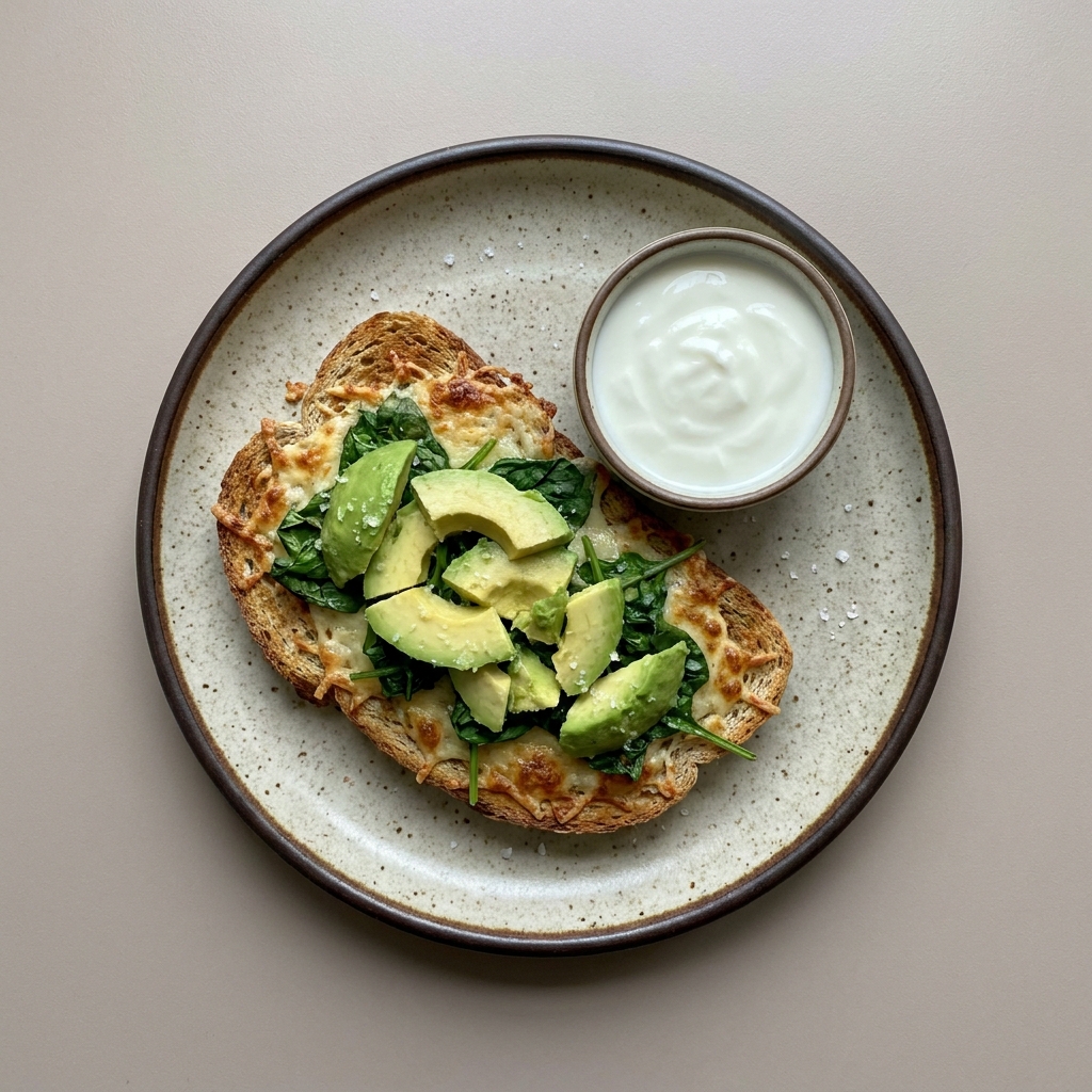 Pan integral con queso parmesano, espinaca y aguacate, con yogurt natural