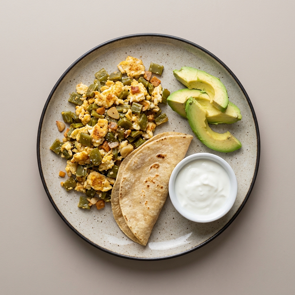 Huevo con nopales y aguacate, acompañado de yogurt natural