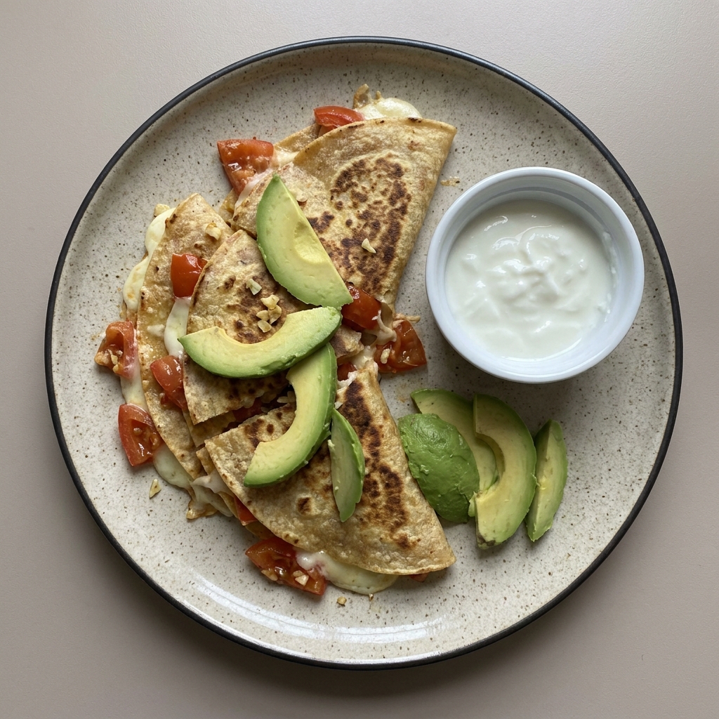 Quesadillas de queso mozzarella con jitomate y aguacate, con yogurt natural