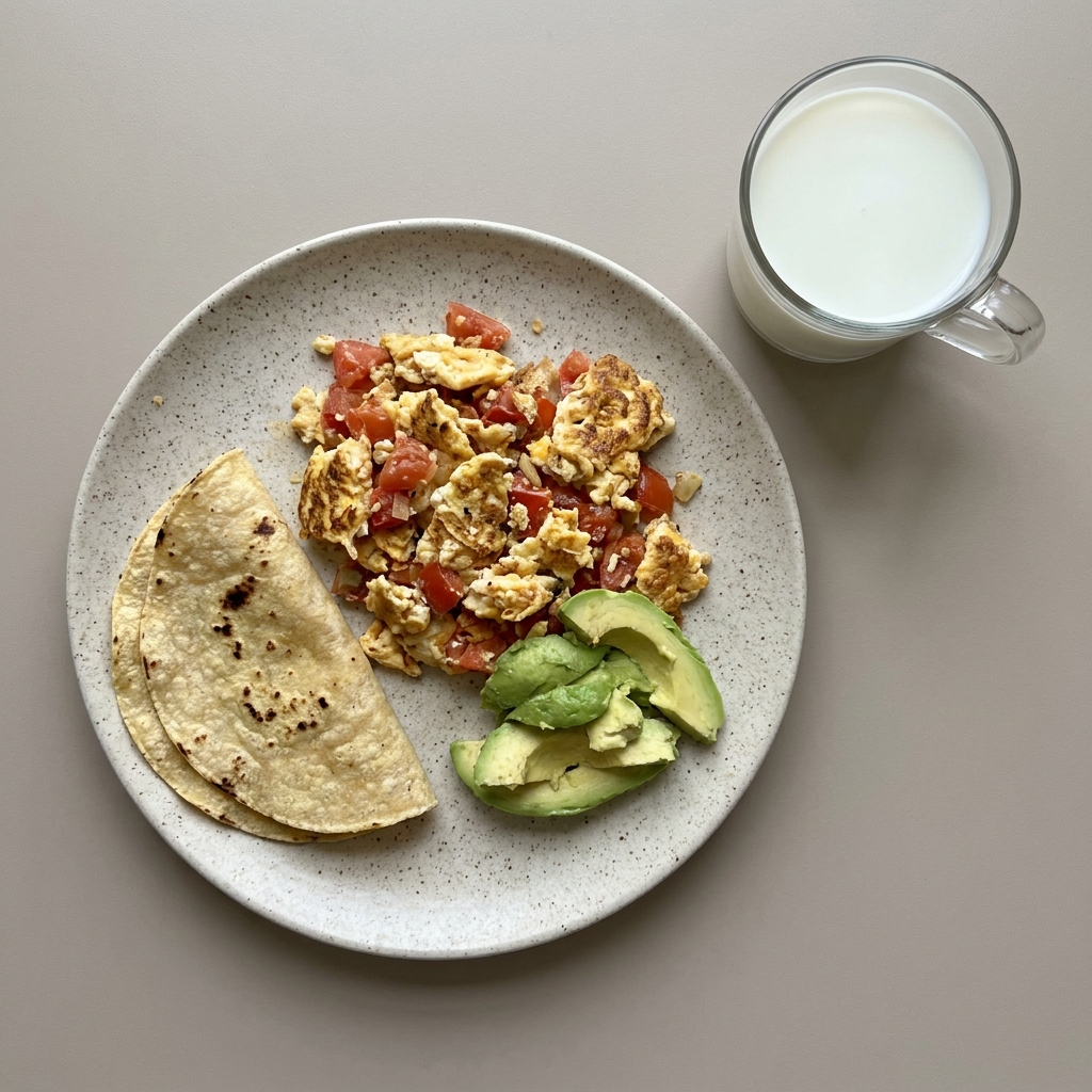 Huevo a la mexicana con jitomate y aguacate, con tortilla de maíz y vaso de leche