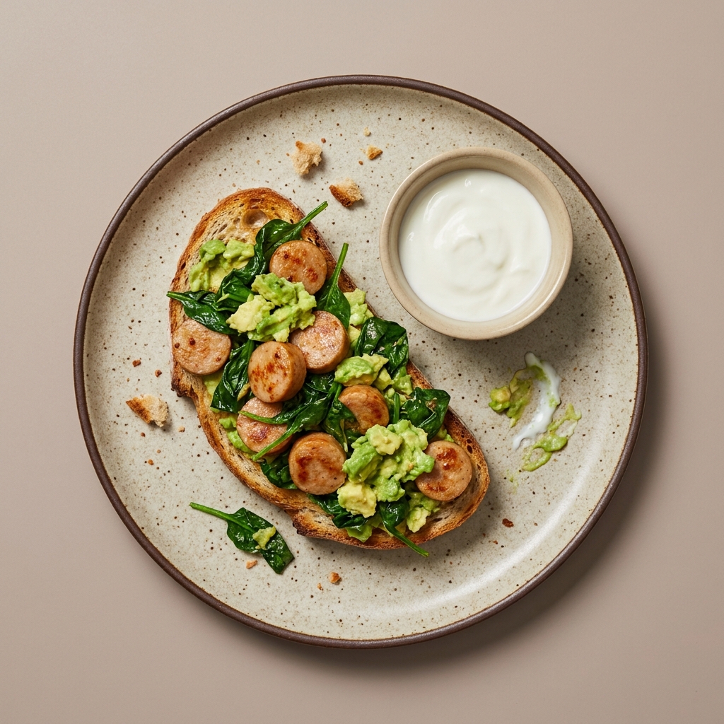 Pan de salchicha de pavo con espinaca y aguacate  con yogurt natural