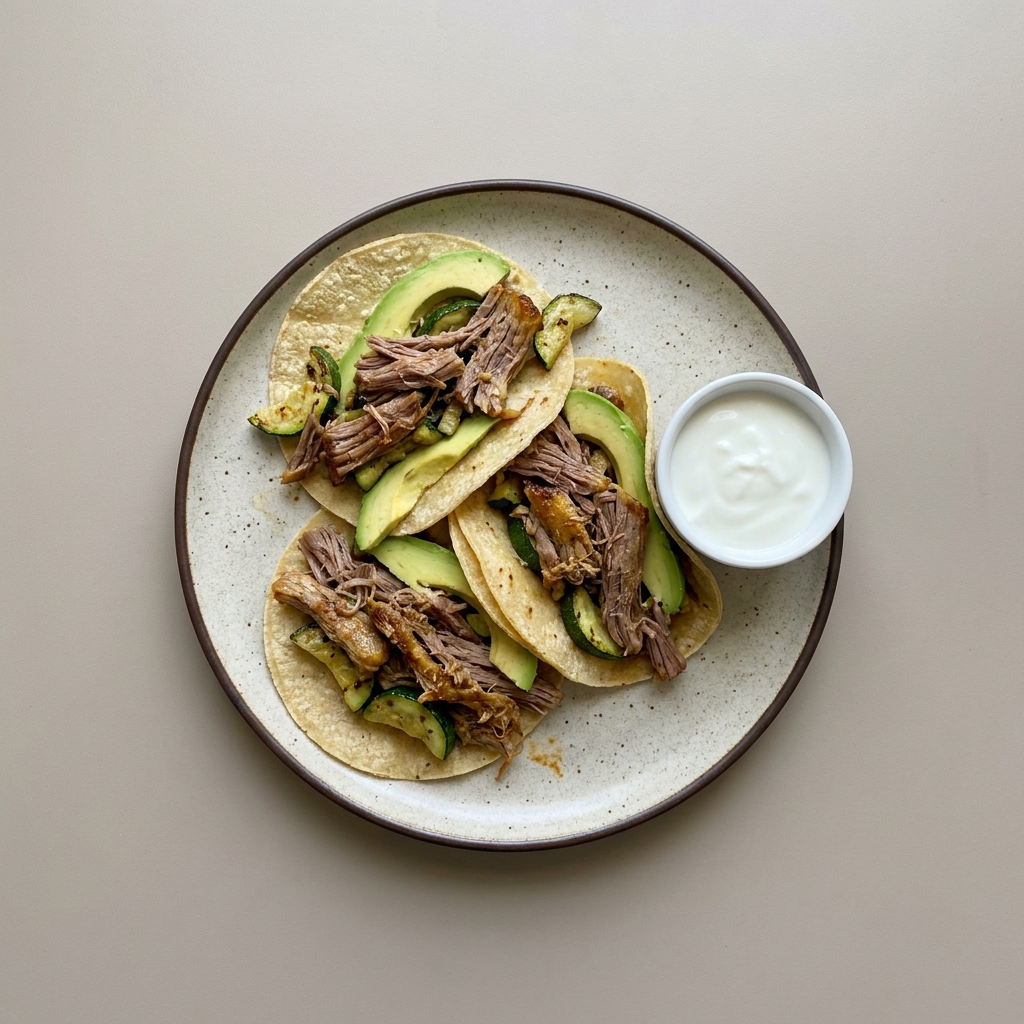 Tacos de carne res deshebrada con calabacita y aguacate, con yogurt natural