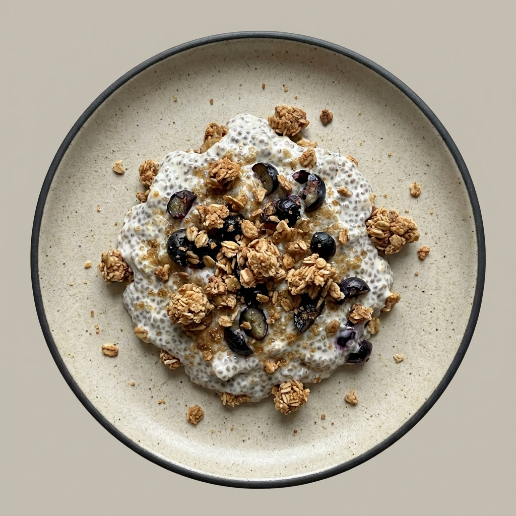 Pudín de semilla de chía con yogurt natural, granola, arándano y azúcar