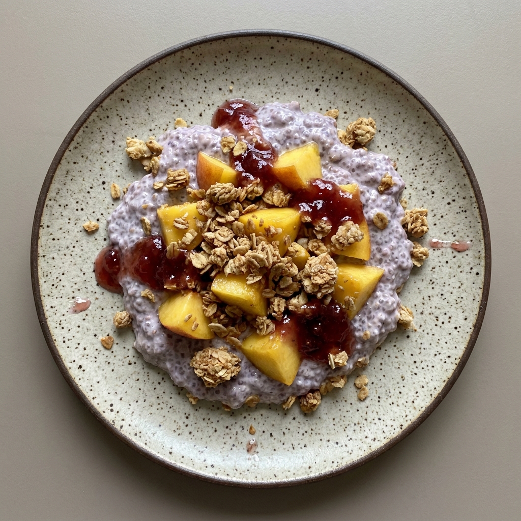 Pudín de semilla de chía con yogurt natural, granola, durazno y mermelada