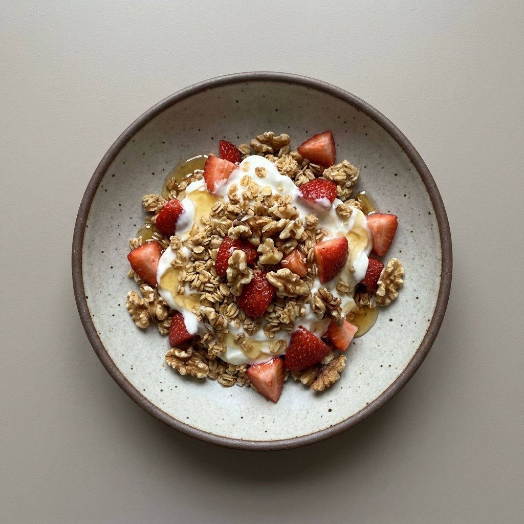 Parfait de yogurt natural con granola, nuez, fresa y miel de abeja