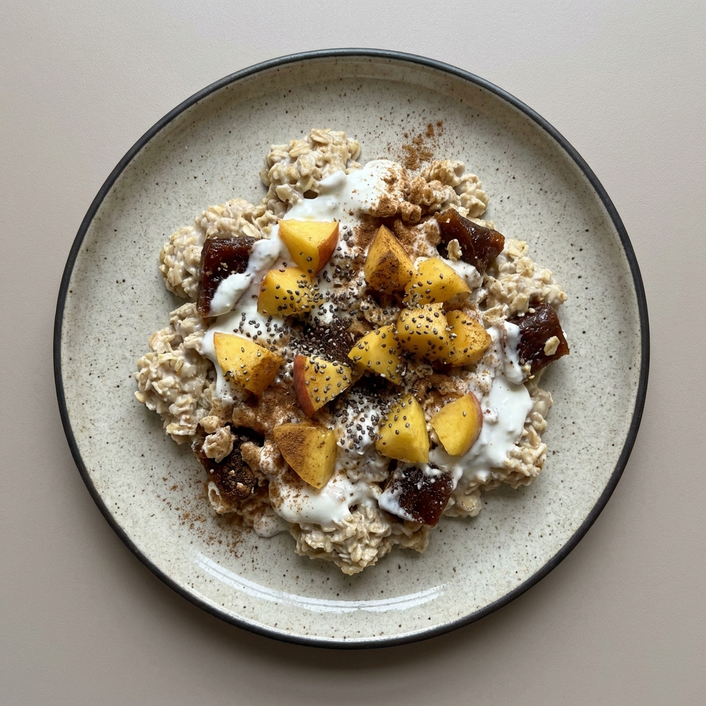 Avena remojada con yogurt, semilla de chía, durazno y ate de guayaba