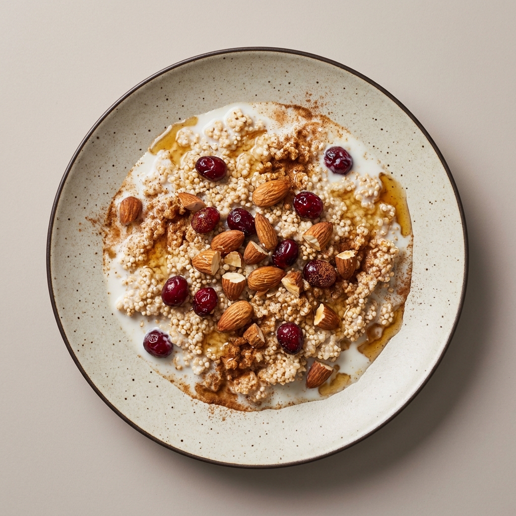 Bowl de amaranto natural con leche, almendra, arándano y miel de abeja