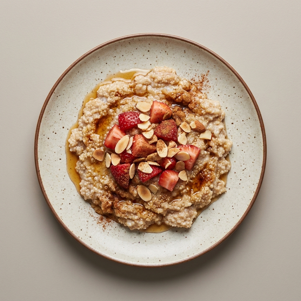Bowl de amaranto natural con almendra, fresa y miel de maple