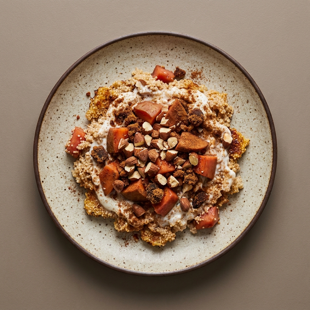 Bowl de amaranto natural con yogurt natural, almendra, mamey y piloncillo