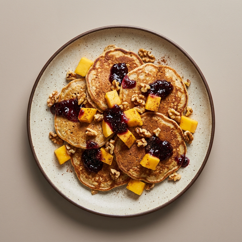 Hotcakes de avena con mango, nuez y mermelada