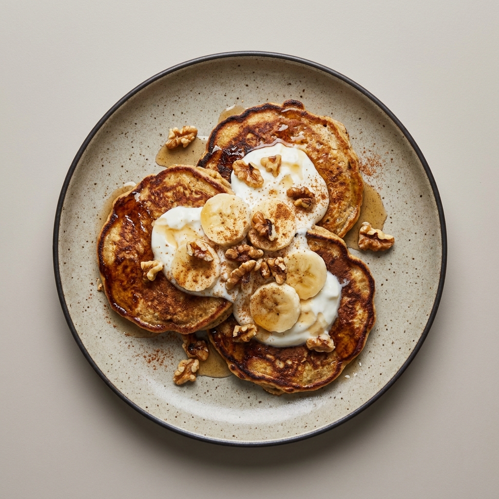 Hotcakes de harina de avena con plátano, nuez y miel de maple