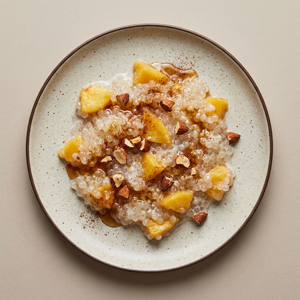 Tapioca con leche, durazno,almendra y miel de abeja